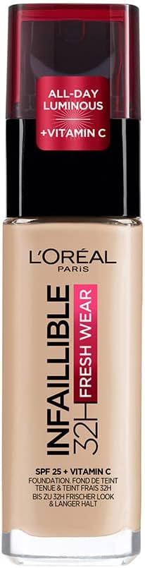 L'Oréal Paris Infallible 32H Fresh Wear Foundation, Full-coverage, Longwear, Weightless Smooth Finish, Water-proof and Transfer-proof, with Vitamin C + SPF 25